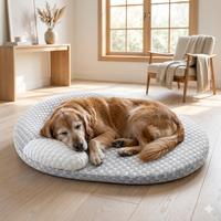 Chien Golden Retriever endormi sur un grand lit orthopédique ovale gris, la tête posée sur un oreiller ergonomique blanc intégré, dans un salon lumineux.
