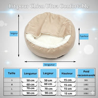 Panier orthopédique Happy Animalia guide des tailles beige avec doublure moelleuse et bords surélevés pour petits chiens et chats.