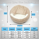 Panier orthopédique Happy Animalia guide des tailles beige avec doublure moelleuse et bords surélevés pour petits chiens et chats.