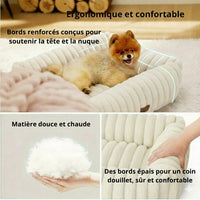 Panier orthopédique beige Happy Animalia en peluche douce avec mousse à mémoire de forme et housse lavable en machine — soutien articulaire pour chien senior.