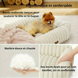 Panier orthopédique beige Happy Animalia en peluche douce avec mousse à mémoire de forme et housse lavable en machine — soutien articulaire pour chien senior.