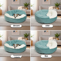 Panier orthopédique Happy Animalia bleu-vert avec doublure blanche moelleuse et couverture intégrée pour petits chiens et chats.