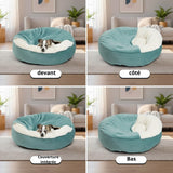 Panier orthopédique Happy Animalia bleu-vert avec doublure blanche moelleuse et couverture intégrée pour petits chiens et chats.