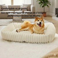 Panier orthopédique crème Happy Animalia en peluche douce avec mousse à mémoire de forme — idéal pour chien senior souffrant de douleurs articulaires.