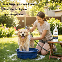 Shampoing et après-shampoing 2 en 1 Happy Animalia pour chiens à la peau sensible, formule naturelle et hypoallergénique.