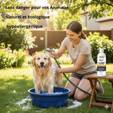 Shampoing et après-shampoing 2 en 1 Happy Animalia pour chiens à la peau sensible, formule naturelle et hypoallergénique.