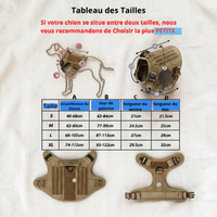 Tableau des tailles du harnais tactique Happy Animalia : guide de mesures S/M/L/XL avec circonférence du thorax, tour de poitrine, longueur du ventre et du dos.